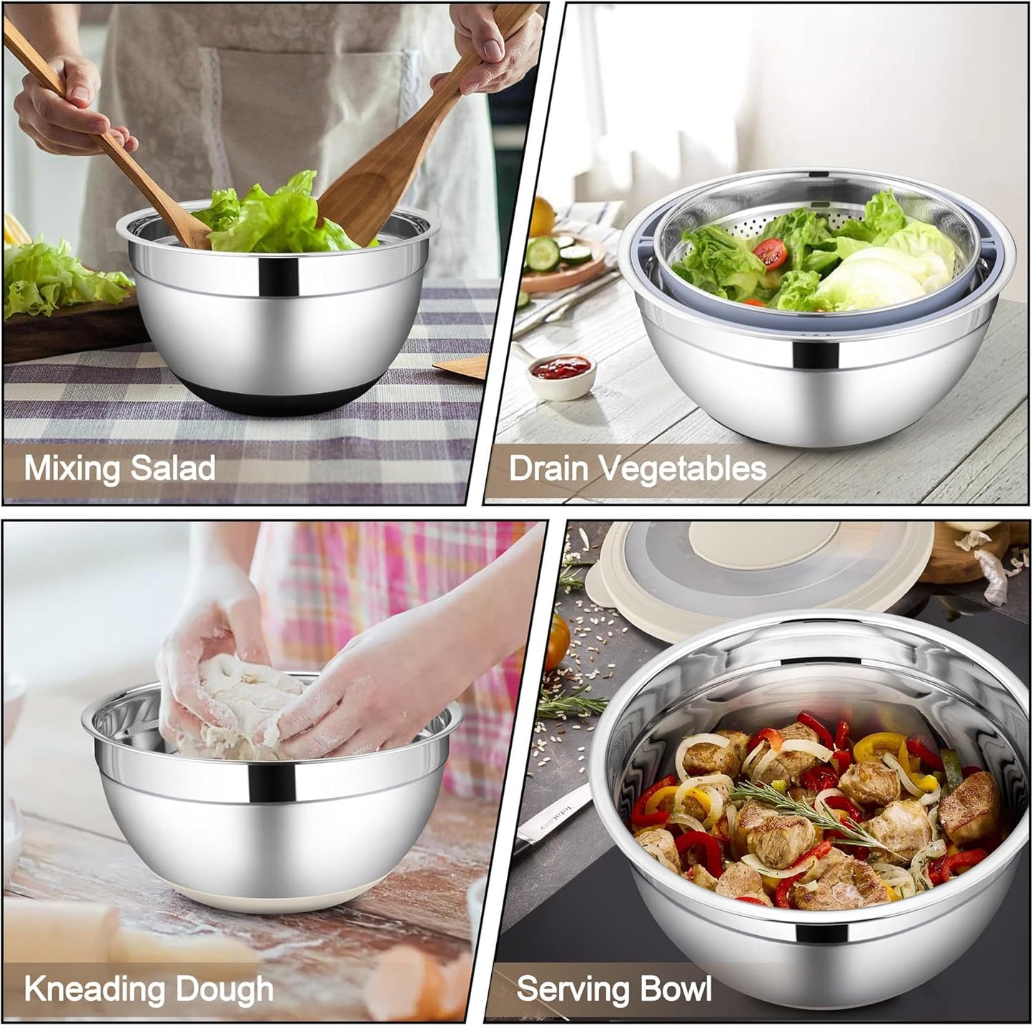HaWare Mixing Bowl with Colander, 4-1 Stainless Steel Bowl Set with Lids & 3 Pcs Nesting Graters, Rotatable Food Strainer for Rinsing Fruits Vegetables, Non-Slip Bottom, Black