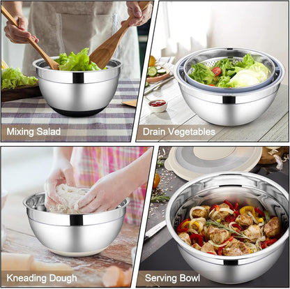 HaWare Mixing Bowl with Colander, 4-1 Stainless Steel Bowl Set with Lids & 3 Pcs Nesting Graters, Rotatable Food Strainer for Rinsing Fruits Vegetables, Non-Slip Bottom, Black