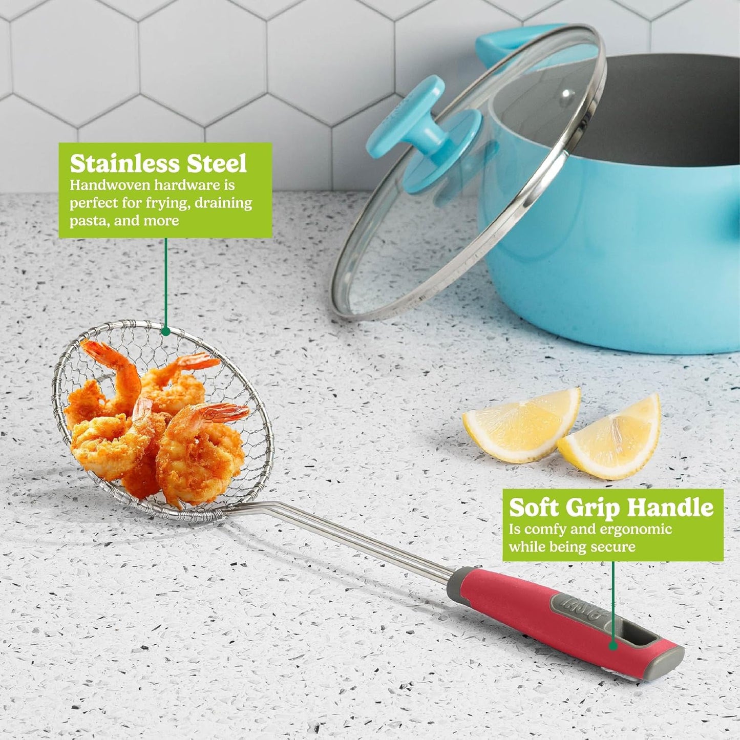 Tasty Stainless Steel Round Wire Skimmer, Comfort Grip Handle for Safe Scooping, Skimming and Serving, 5" Diameter, Red