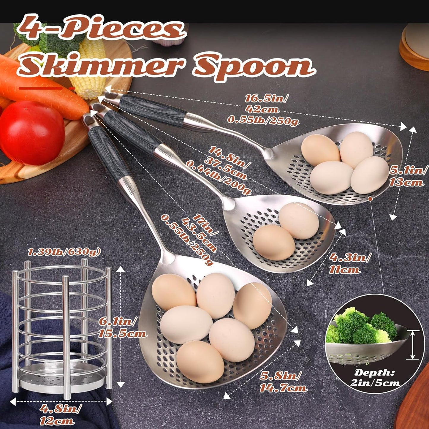 MARTE Skimmer Slotted Spoon Set of 4 - Kitchen Pasta Strainer Spoon - Spider Strainer Skimmer Ladle Spoon with Holder for Cooking and Frying Food, Spaghetti, Vegetable, Dumpling - 14.8In,16.5In,17In