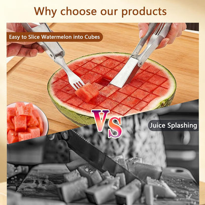 Watermelon Cutter, 2-in-1 Stainless Steel Fruit Cutter, Dual Head Watermelon Fork Slicer Tool, Summer Fruit Cutting Kitchen Gadget for Home (Round-2PCS)