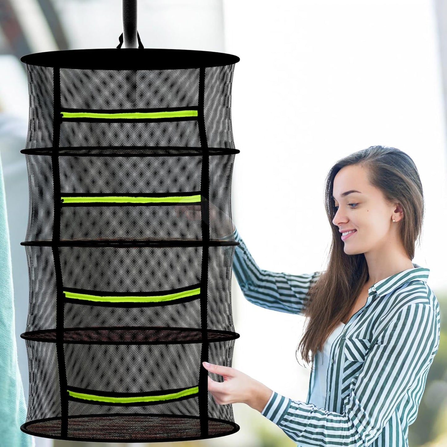 MEKOLIFE Herb Drying Rack Hanging-8 Layer, Collapsible Large Capacity Mesh Net with Green Zipper, Hooks & Bonus Garden Scissors, for Fresh Herbs/Flowers/Plants, Indoor Outdoor Use (23.62")