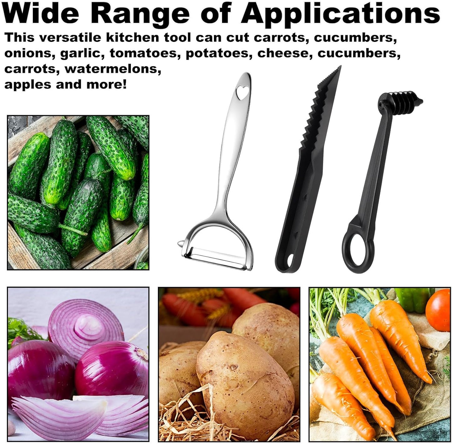 3pcs Vegetable Spiral Cutter with V-Cutter & Peeler Set, Manual ABS Plastic Spiralizer Slicer & Zinc Alloy Peeler Practical Kitchen Knife Tool for Potatoes Carrots Cucumbers Fruits
