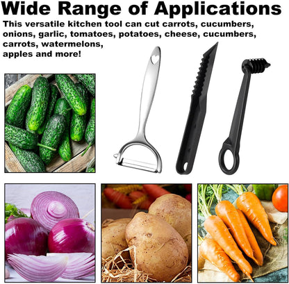 3pcs Vegetable Spiral Cutter with V-Cutter & Peeler Set, Manual ABS Plastic Spiralizer Slicer & Zinc Alloy Peeler Practical Kitchen Knife Tool for Potatoes Carrots Cucumbers Fruits