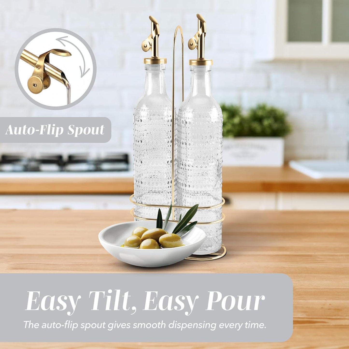 COOK WITH COLOR Glass Olive Oil Bottle Dispenser - 2 Pack- 17oz Oil and Vinegar Cruet - Olive Oil Carafe Decanter for Kitchen, Elegant Waves, Clear