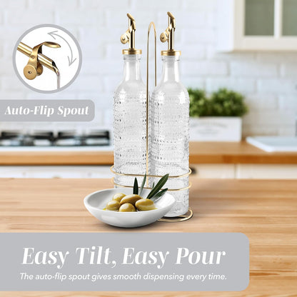 COOK WITH COLOR Glass Olive Oil Bottle Dispenser - 2 Pack- 17oz Oil and Vinegar Cruet - Olive Oil Carafe Decanter for Kitchen, Elegant Waves, Clear