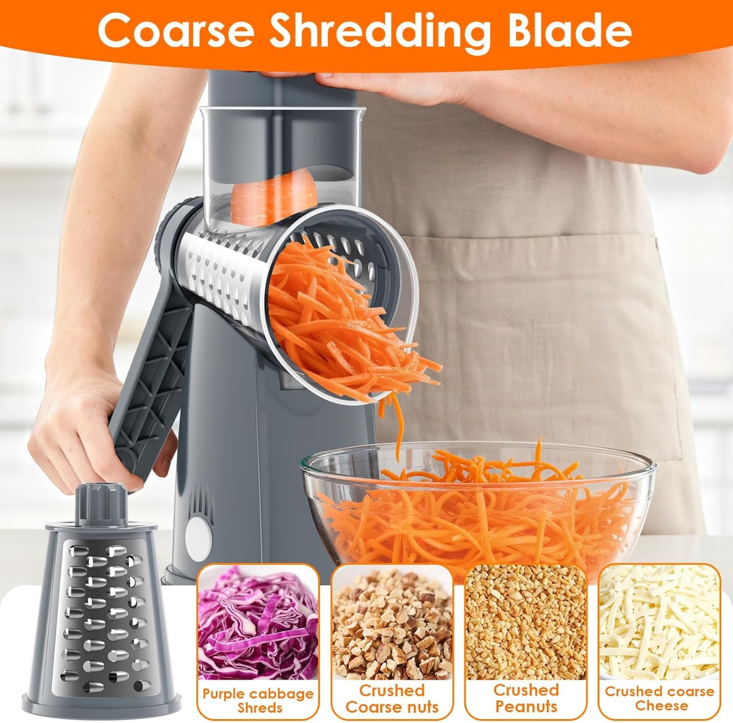 MealHelper 5 Blade Rotary Cheese Grater and Vegetable Chopper with Storage Box and Hand Crank, Compact Shredder for Cheeses, Veggies, Nuts - Easy to Use, Non-slip Suction Base,White