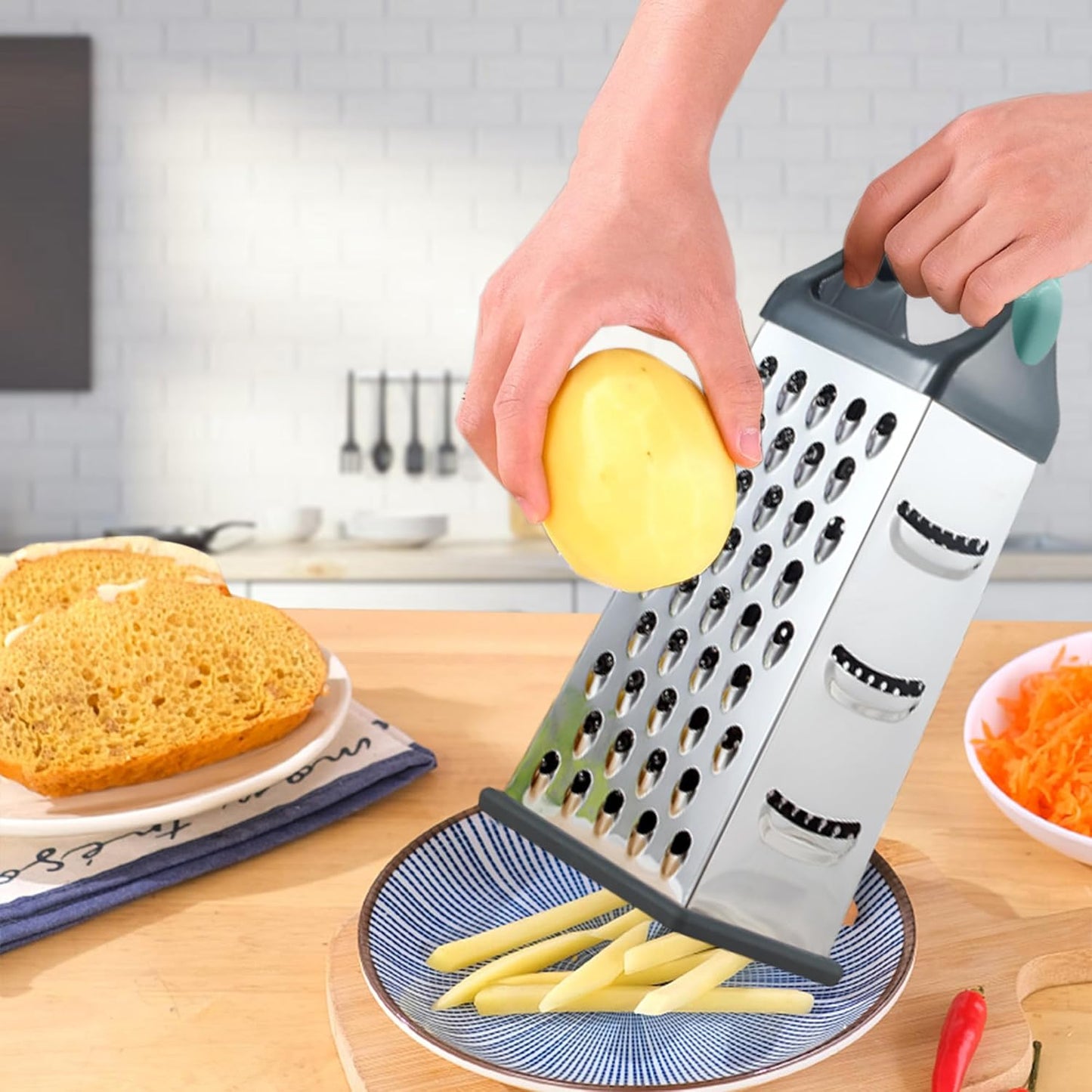 Cheese Grater, 6 Sides Box Graters for Kitchen, Stainless Steel Food Shredders for Cheese Vegetables Potatoes Carrot (Pink Handle)