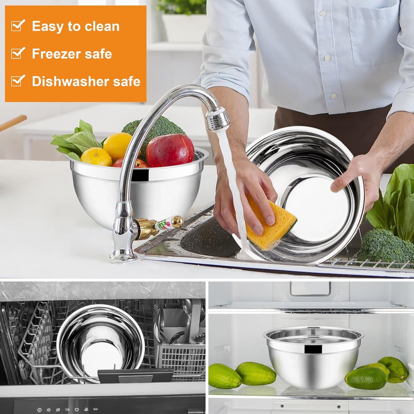 E-far Mixing Bowls with Lids, 6-Piece Stainless Steel Salad Bowls Metal Nesting Bowls for Baking Cooking and Prepping, Airtight Lids & Stackable Design, Size 4.5, 3, 1.5 QT (Black)