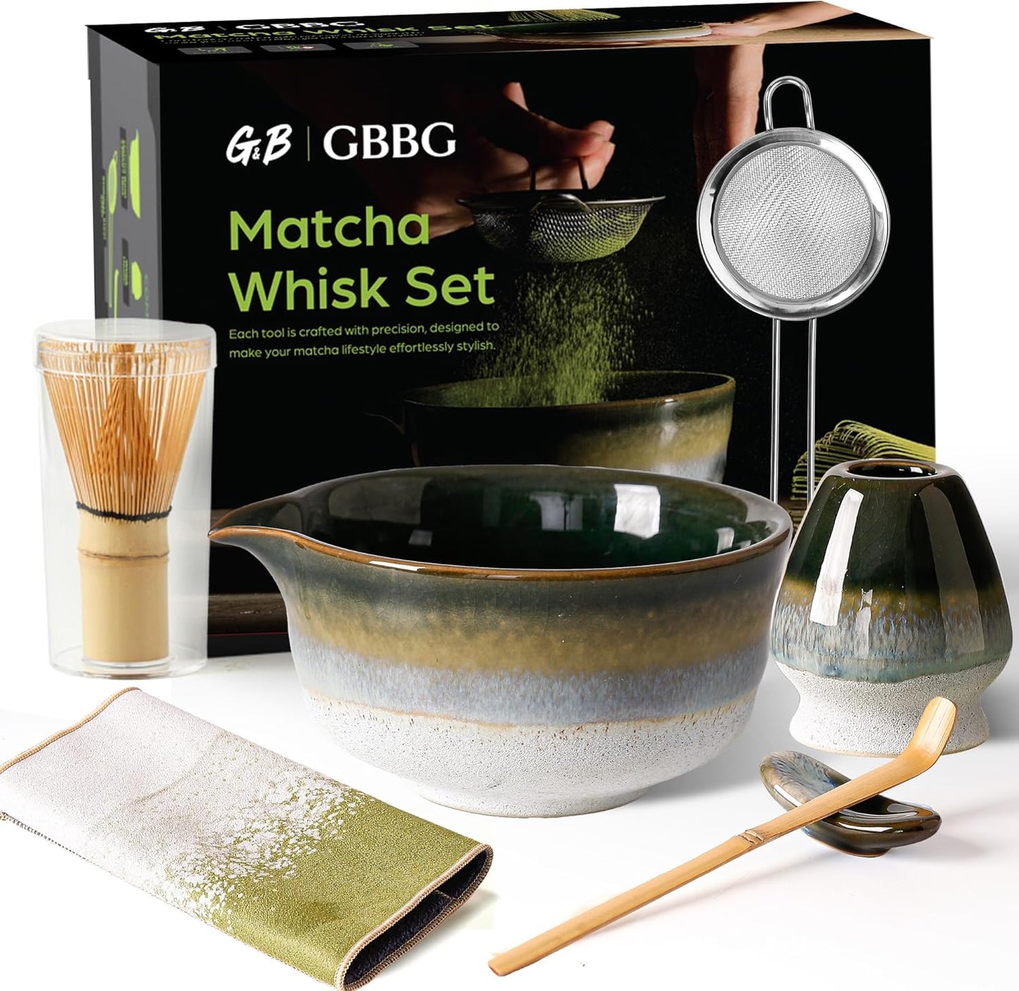 Matcha Whisk Set, Ceramic Matcha Kit Desert Style, Matcha Whisk and Bowl, Bamboo Scoop and Rest, Sifter and Tea Towel, 7 Pcs Gifts for Matcha Lover - Matte Black