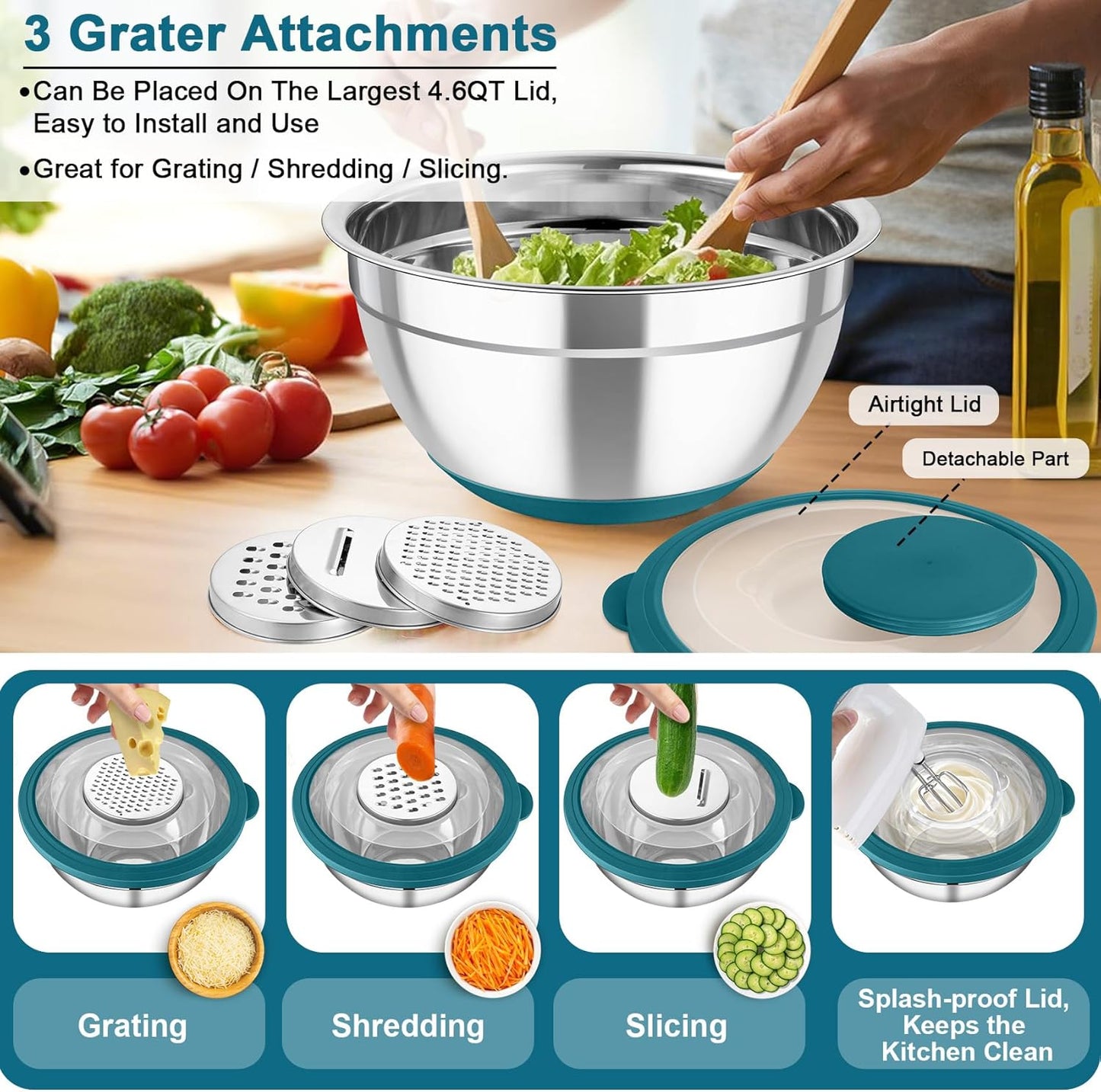 TeamFar Mixing Bowls with Colander Set, Stainless Steel Strainer and Nesting Salad Bowls, with Lids & 3 Graters, Non-Slip Bottom & Visible Lid, Rotatable & Dishwasher Safe, 4.6/3/1.5 QT, Khaki