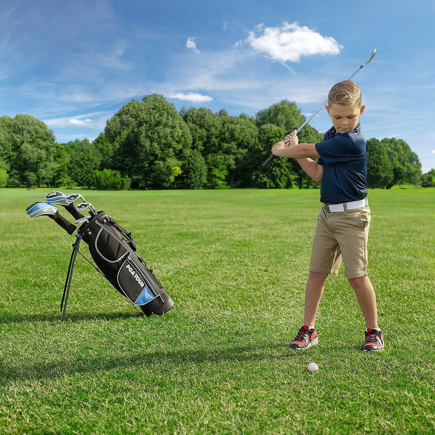 PGA Tour Youth Golf Club Set for Ages 8-12 & 12+ (4’8”–5’10”), Right and Left-Handed Kids Golf Sets – Beginner Junior Golf Clubs with Lightweight Stand Bag, Mallet Putter, Hybrid, Driver