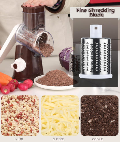 Ourokhome Rotary Cheese Grater Hand Crank, Kitchen Shredder Speed Mandolin Slicer Nut Grinder with Handle and Drum Blades for Cheese, Vegetable, Walnut, Chocolate, Potato, Carrot, 3 Blades, Dark Blue