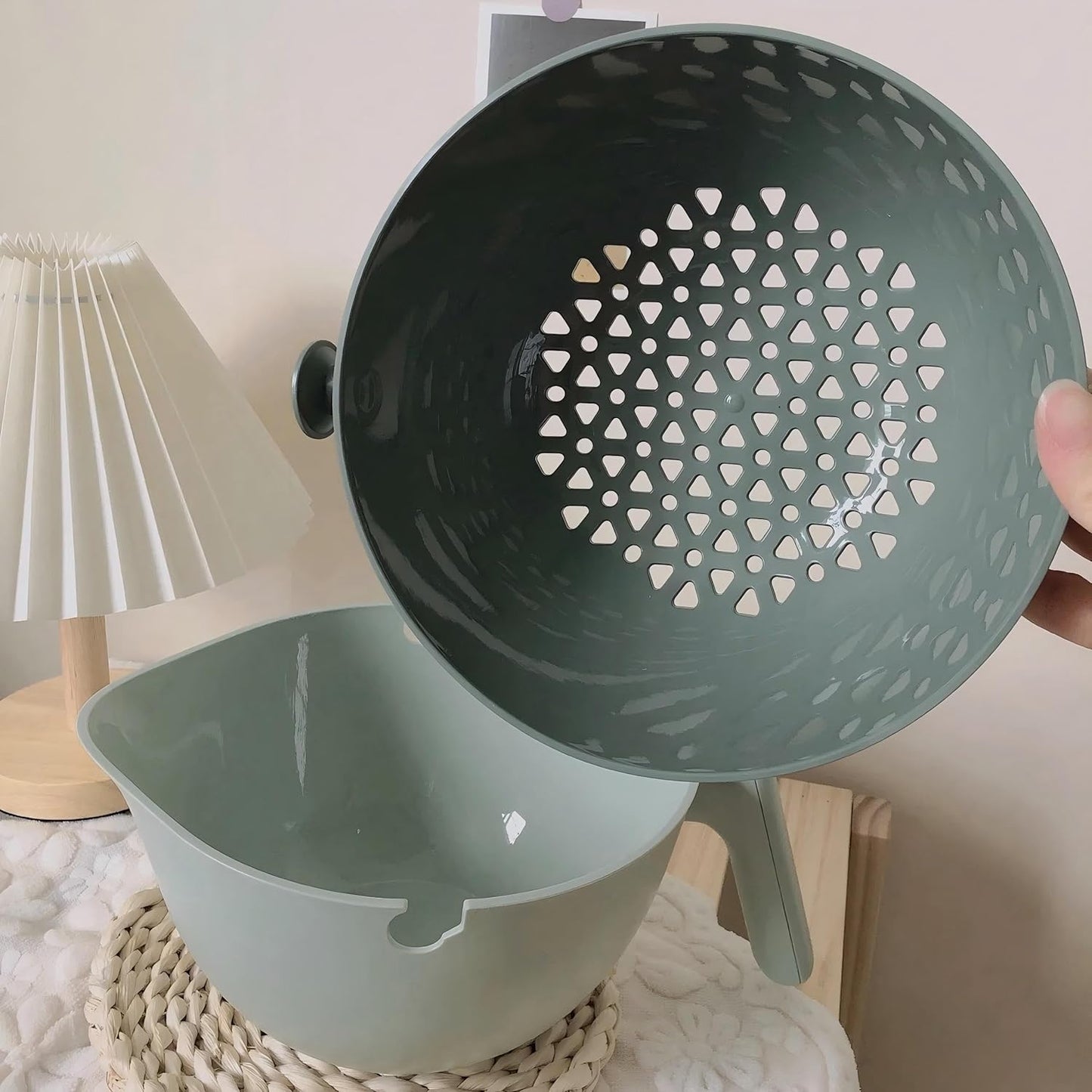 2-1 Kitchen Colander Rotating Washing Basket with Handle - Pasta Strainer - Fruit Washing Bowl with Strainer - Fruit Rinser Container (Avocado Green)