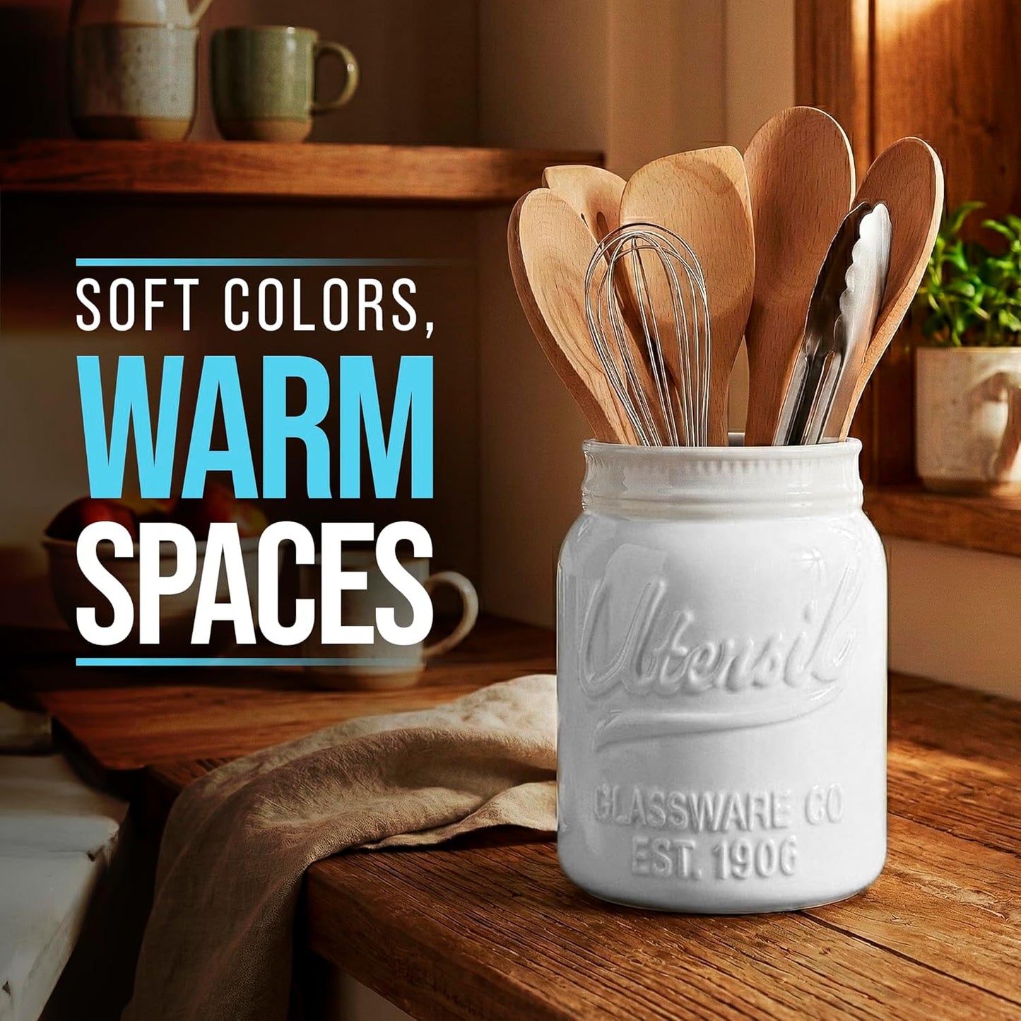 Comfify Wide Mouth Mason Jar Utensil Holder Decorative Kitchenware Organizer Crock, Dishwasher Safe - Kitchen Caddy Green, Large Size 7" Hight