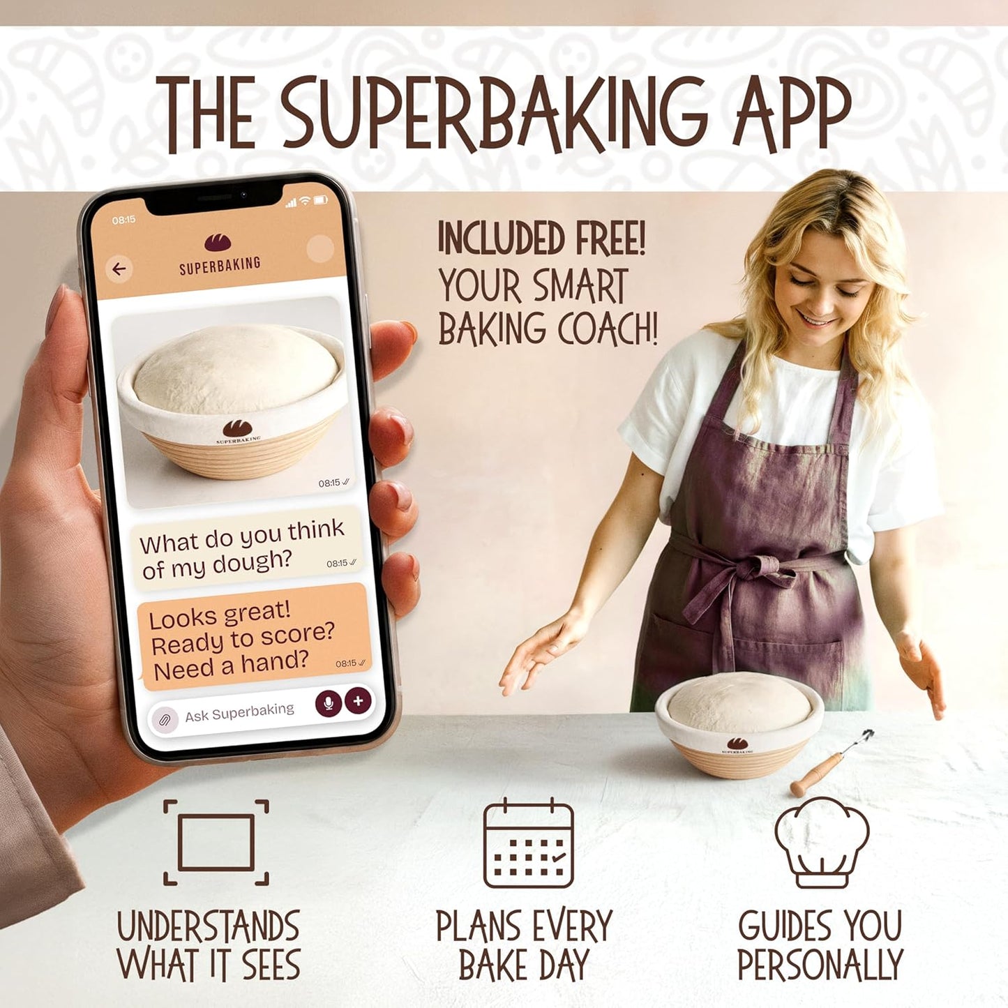 Superbaking Sourdough Starter Kit, 9" Round Banneton Bread Proofing Basket Set, Sourdough Bread Baking Supplies, Sourdough Tools with Silicone Bread Sling, Bread Making Tools, Baking Gifts