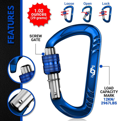 Rhino Produxs 12kN (2697 lbs) Heavy Duty Carabiner Clips, for Securing Pets, Outdoor, Camping, Hiking, Hammock, Dog Leash Harness, Keychains