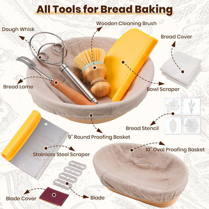 CODOGOY Banneton Bread Proofing Basket Set, Sourdough Bread Baking Supplies with 9" Round & 10" oval Handmade Natural Rattan Proofing Basket and Complete Bread Making Tools
