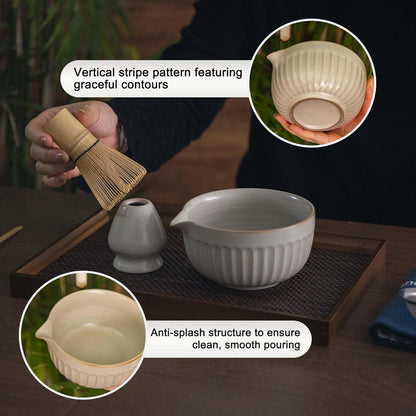 7pcs Matcha Whisk Set with 18oz Spout Bowl, Japanese Tea Ceremony Kit, Natural Bamboo Whisk Scoop, Ceramic Holder Sifter Towel, Best Gift for Beginners and Matcha Lovers