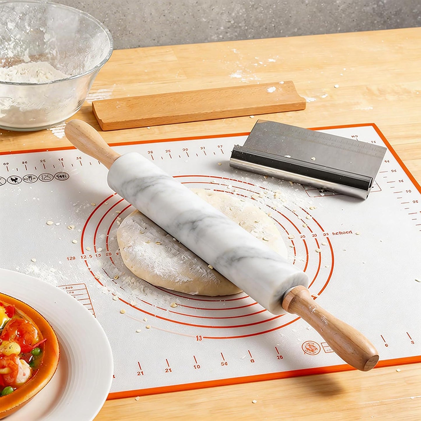 Marble Rolling Pin with Non-Stick Silicone Mat & Wood Base, 16.9-Inch Heavy Weight Dough Roller for Pizza Crust, Cookies, Pasta, Fondant, Pastry Polished Non-Stick Surface White (WH076)