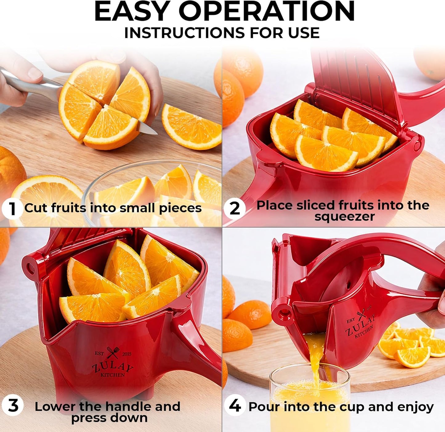Zulay Manual Fruit Juicer- Heavy Duty Juice Press Squeezer with Detachable Lever & Removable Strainer - Fruit Press & Hand Juicer For Pomegranates, Lemons, Oranges, and More (Yellow)