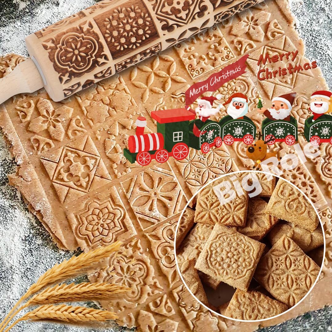 Floral Vine Embossed Rolling Pins for Cookies, Wooden Engraved Rolling Pins for Baking, Embossing Rolling Pins with Designs, Patterned Rolling Pin Decorative Springerle Mold Stamp Clay Pattern Roller
