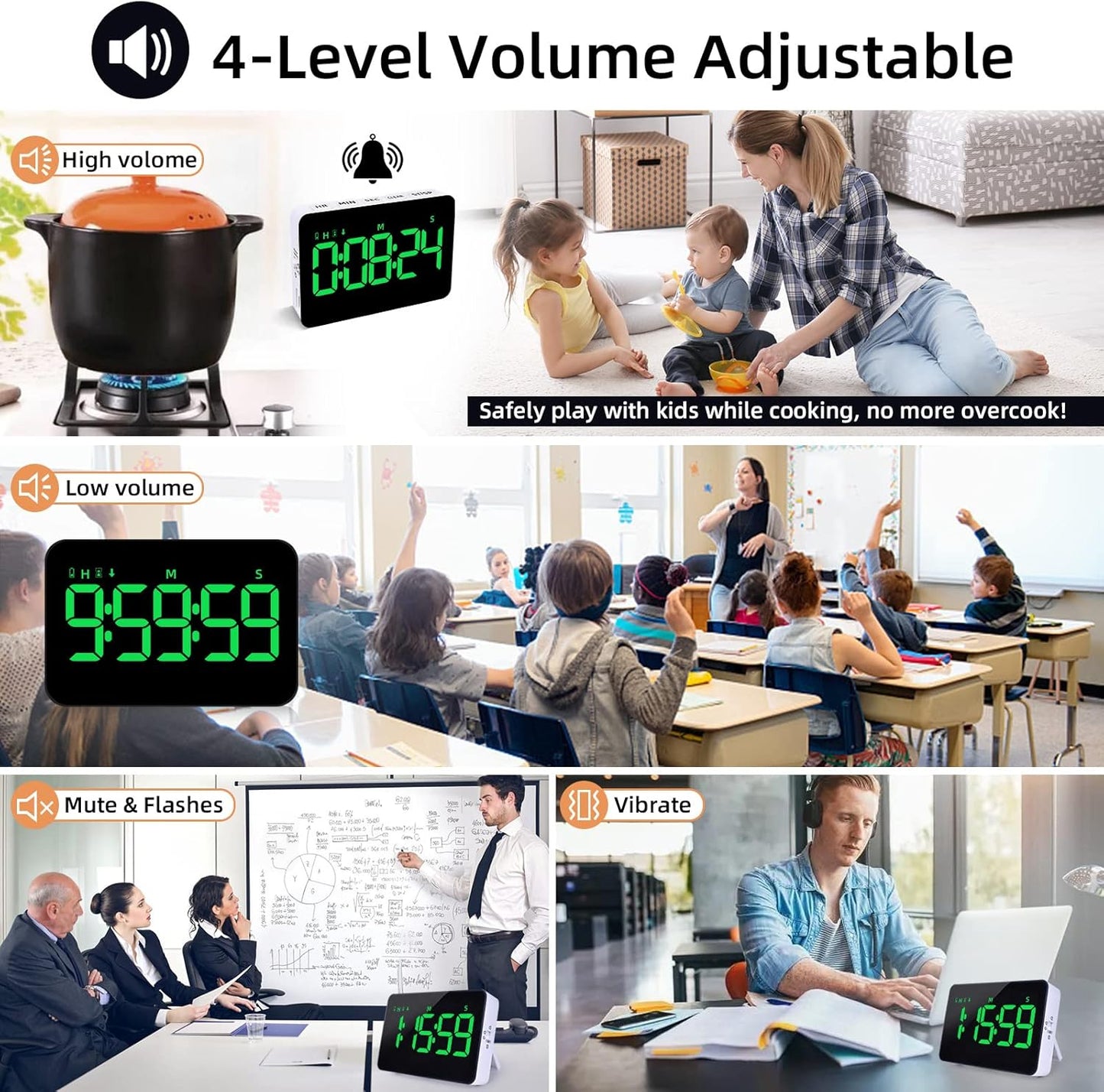 Rechargeable Digital Kitchen Timer for Cooking, Magnetic Timers with Countdown/up, Kids Timer with 5”LED Display 3 Brightness 4 Volume Adjustable for Classroom/Office/Home/Work/Study/Fitness/Game