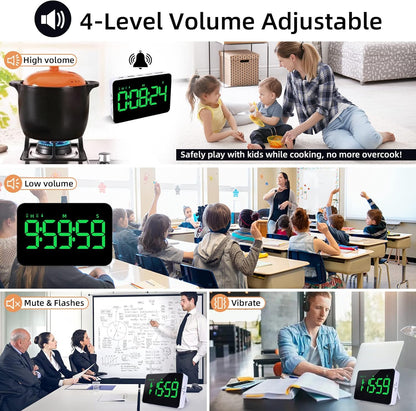 Rechargeable Digital Kitchen Timer for Cooking, Magnetic Timers with Countdown/up, Kids Timer with 5”LED Display 3 Brightness 4 Volume Adjustable for Classroom/Office/Home/Work/Study/Fitness/Game