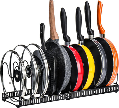 Toplife Pot Lids Organizer Rack for Cabinet and Countertop, 7+ Pan Lids and Bakeware Organizer Rack Holder with 7 Adjustable Compartments - Brown