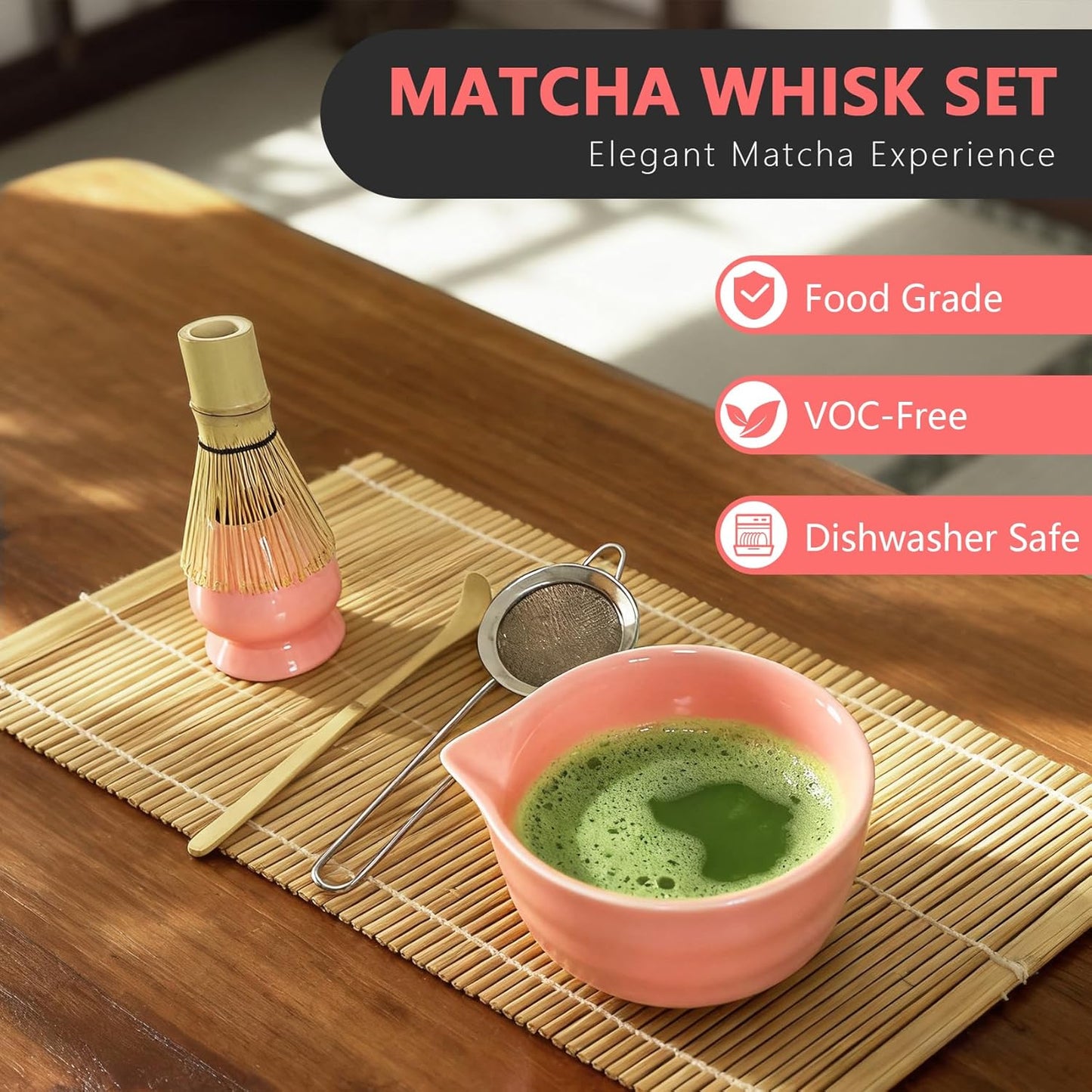 Matcha Whisk Set Cute 18 oz Matcha Bowl Kit 5 pcs Great for Tea Lover Pink
