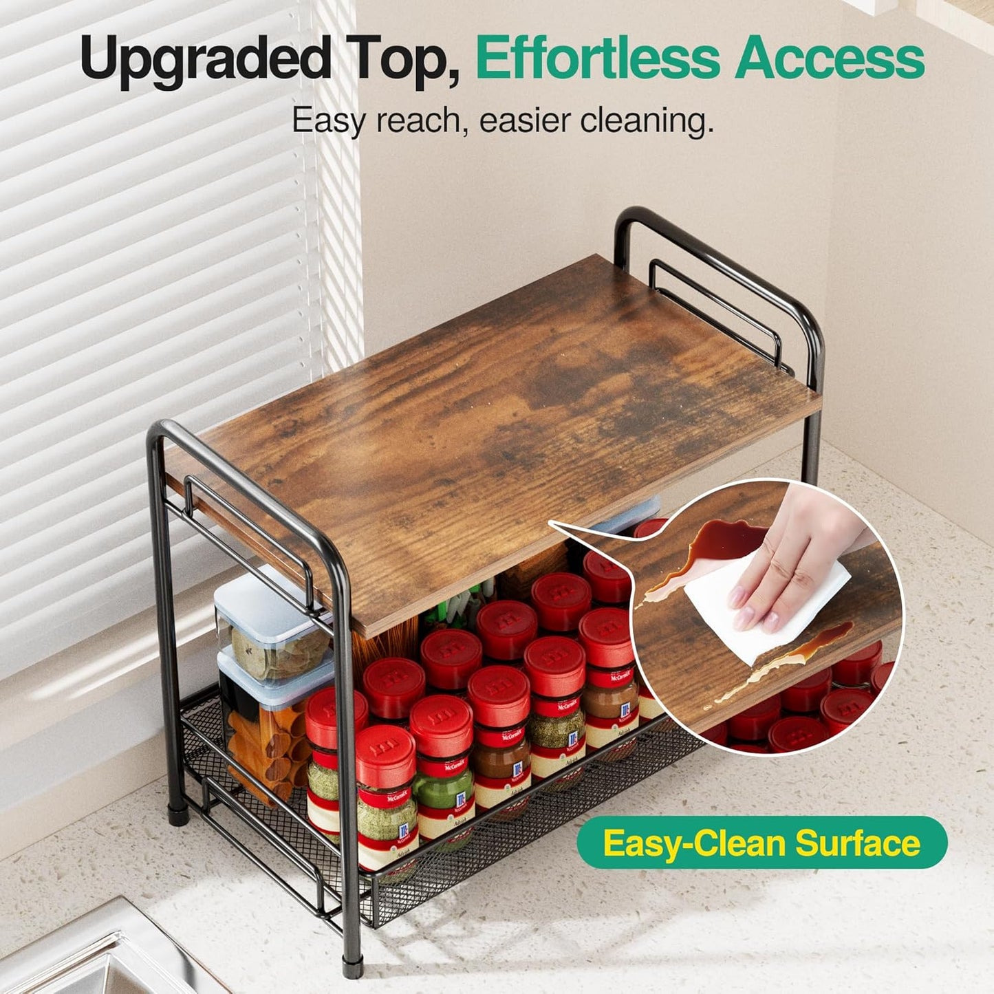 Spice Rack Organizer for Countertop,Xpatee 2-Tier Foldable Metal Rust-Proof Standing Large Seasoning Storage Shelf with Guardrail and Mesh Design for Kitchen Cabinet Bathroom Living Room Pantry, Black