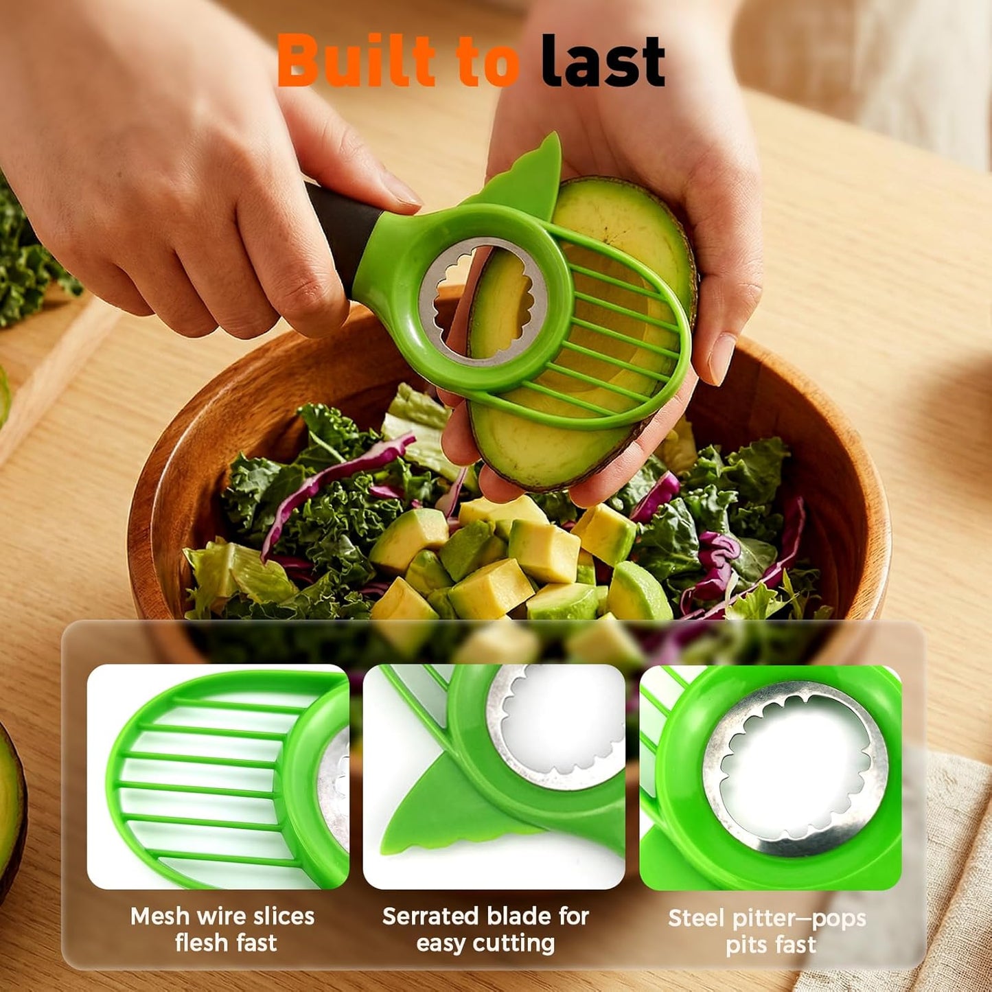 3-in-1 Avocado Slicer Tool, Multi-Function Splitter Pitter Cutter, Silicone Comfort-Grip Handle Avocado Peeler for Kitchen (1PC)