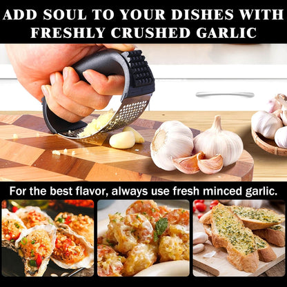 Garlic Press, Stainless Steel with Ergonomic Handle, Garlic Mincer, Easy Squeeze Rocker, Easy Clean, Scraper, Silicone Peeler, Brush (Black)