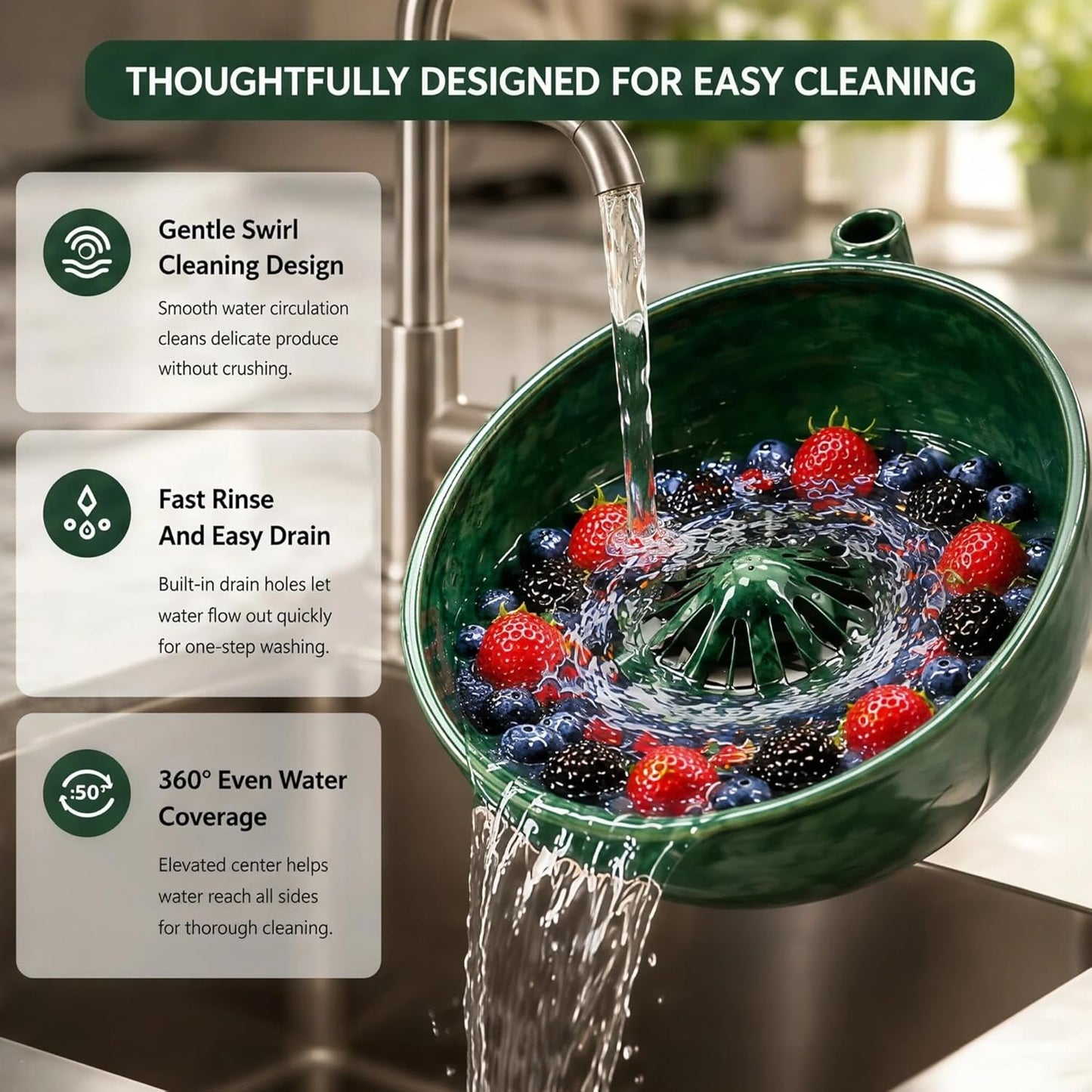 Ceramic Berry Washing Bowl with Swirl Cleaning Design, Self Rinsing Fruit Spinner Colander for Strawberries Blueberries Grapes, Quick Drain Kitchen Washer Bowl (Ceramic)