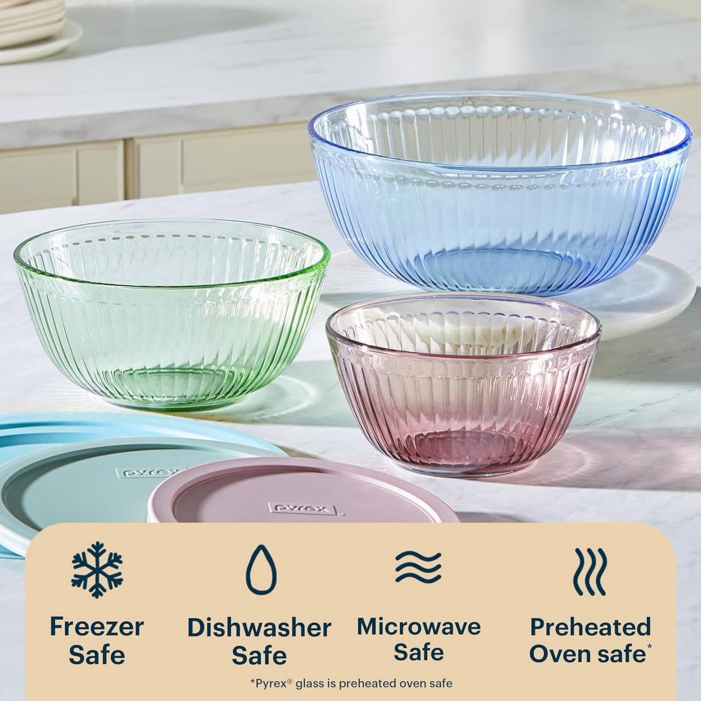 Pyrex Colors Tinted (3-Pack, Full Set) Sculpted Tinted Glass Mixing Bowls With Plastic Lids, Nesting Space Saving Set of Bowls For Prepping and Baking, 1.3QT, 2.3QT & 4.5QT