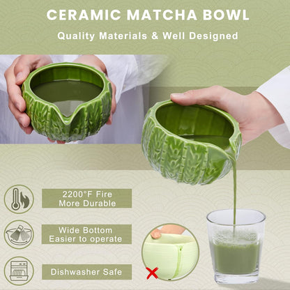 6-Piece Matcha Set, Matcha Whisk (Chasen) & Holder, Matcha Bowl with Spout, Sifter & Spoon, Bamboo & Ceramic, Dark Green