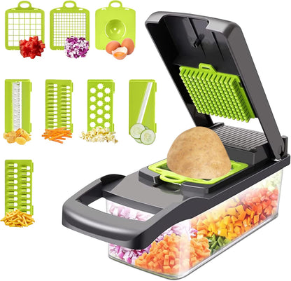 Vegetable Chopper with Container - Pro 12 in 1 Mandoline Slicer - Multifunctional Vegetable Dicer with Top Handle, Drain Basket, Egg Separator & 8 Versatile Blades - Manual Veggie Cutter for Kitchen
