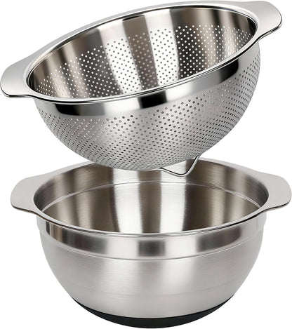 304 Stainless Steel Colander, 2.5 QT Capacity and 2.5 QT Mixing Bowl, Micropore Strainer for Washing Rice, Fruit, and Veggies, Perfect Draining for Cooked Pasta