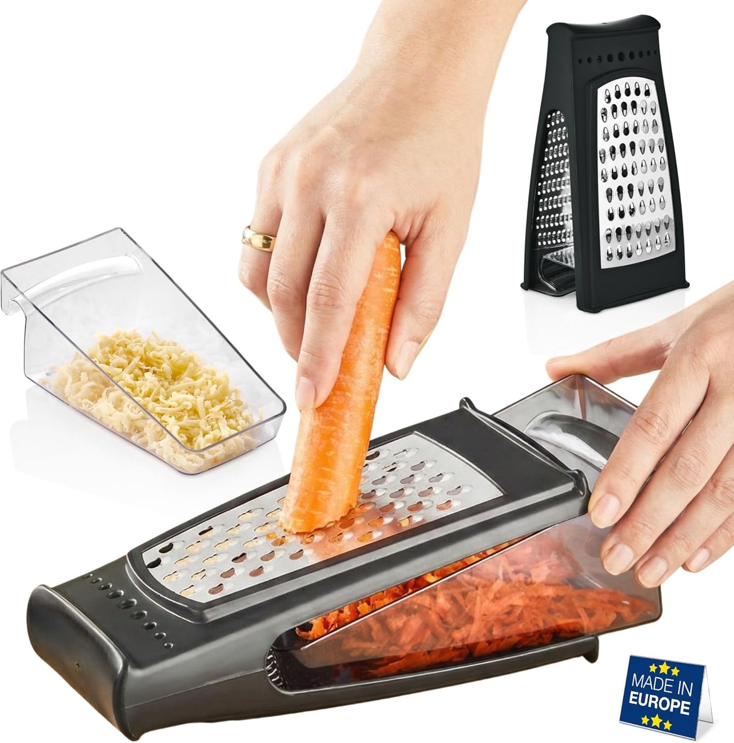 HAKAN Grater with Collection Box and Stainless Steel Blades | Handheld Ergonomic Cheese & Vegetable Grater with Container | 18.5 oz Box | Dishwasher Safe