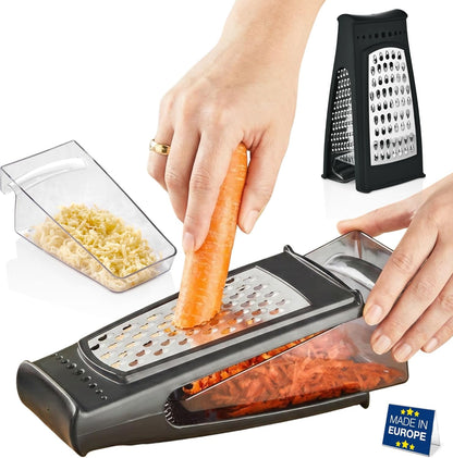 HAKAN Grater with Collection Box and Stainless Steel Blades | Handheld Ergonomic Cheese & Vegetable Grater with Container | 18.5 oz Box | Dishwasher Safe