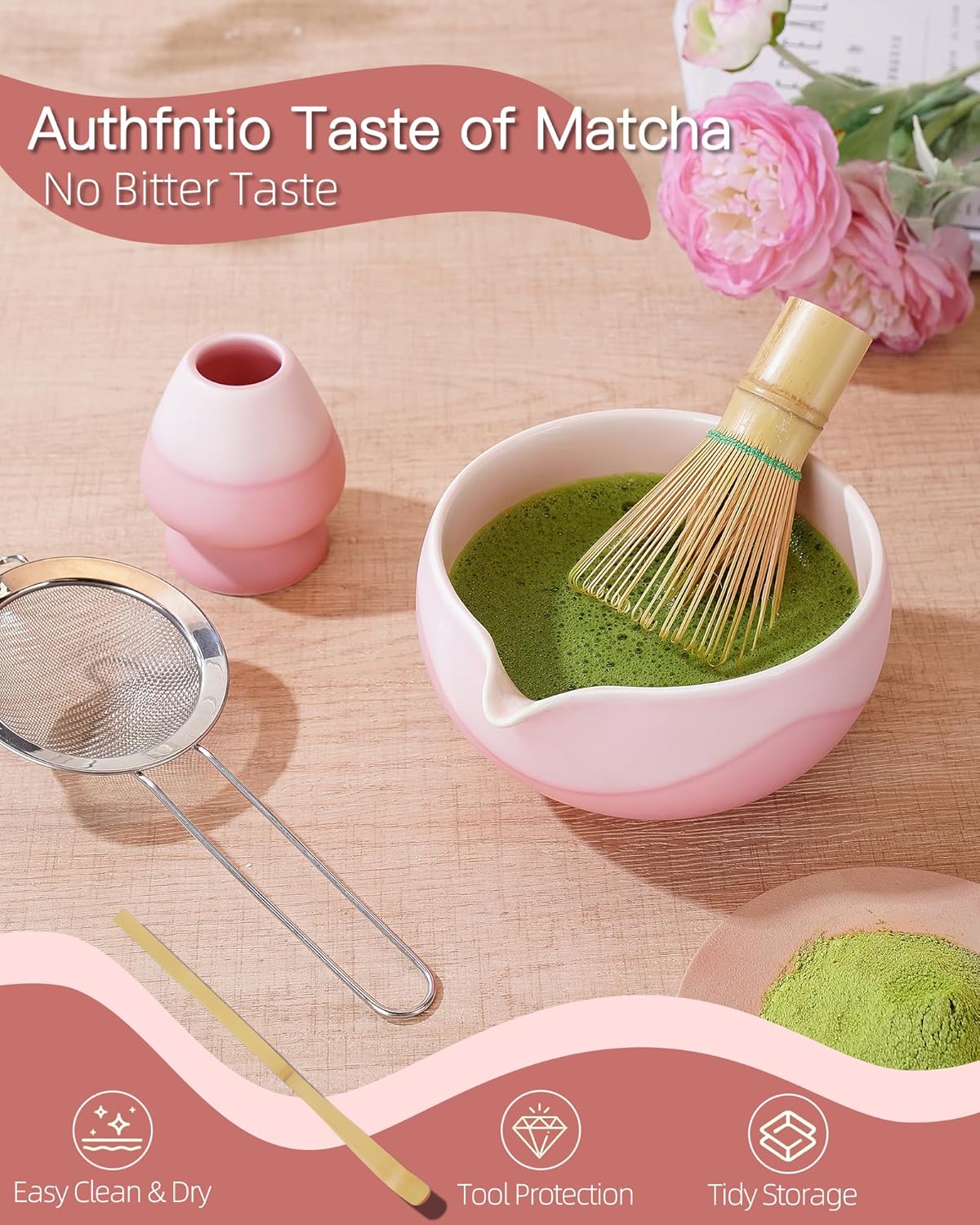 ZENS Matcha Whisk Set, Ceramic Matcha Kit Set Includes Matcha Bowl, Bamboo Whisk and Scoop, Chasen Holder, 304 Sifter and Tea Mat - 6Pcs Matcha Kit for Matcha Lovers (White)