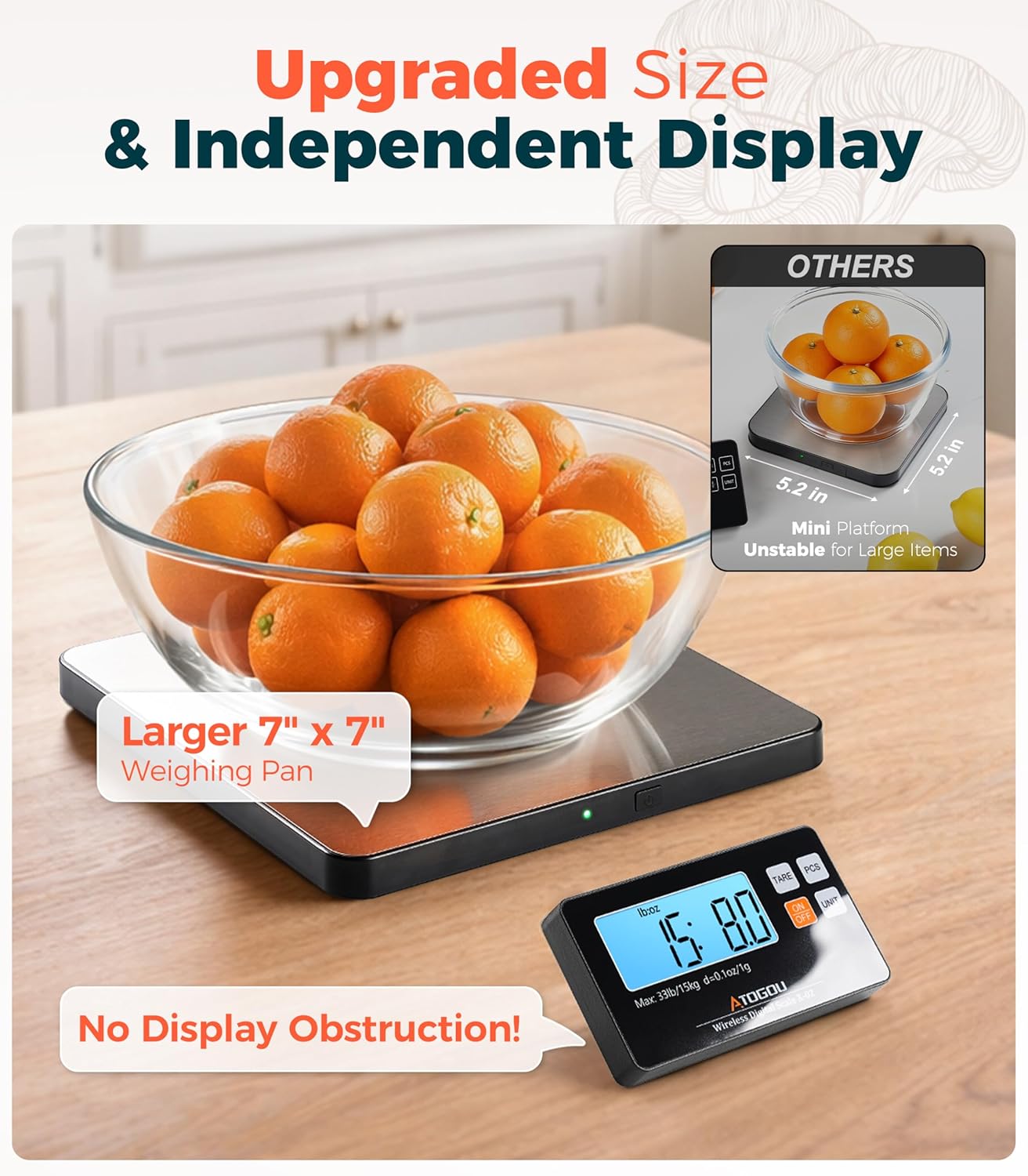 Atogou Upgraded Wireless Food Scale, 33lb/15kg Kitchen Scale with Detachable Display & Larger Platform, 0.1oz/1g, 9 Units, Counting Function, Stainless Steel, for Cooking, Baking, Shipping, Black