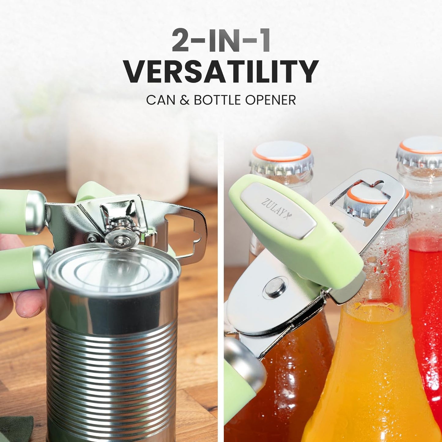 Zulay Kitchen Heavy Duty Stainless Steel Can Opener Manual with Bottle Opener - Rust Proof Manual Can Opener With Turn Knob & Comfy Soft Grip Handles - Black