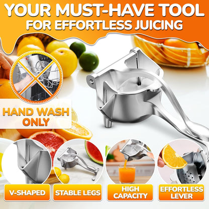 Hand Juicer Squeezer - Aluminum Manual Juicer Hand Press with Ergonomic Handle, 20 Oz Large Capacity Lemon Squeezer for Pomegranate, Orange, Lime & Citrus Fruits with Direct Pour Spout, Hand Wash Only