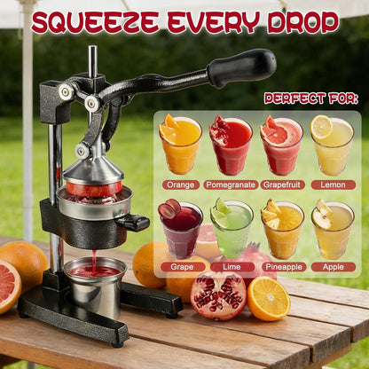 Cast Iron Citrus Juicer Hand Press, Heavy Duty Manual Orange Juicer Squeezer with 304 Stainless Steel Cup & Strainer, Lemon Grapefruit Pomegranate Press, Grey