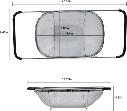 Over Sink Expandable Colander - Collapsible Fine Mesh Strainer Basket with Non-Slip Extendable Silicone Grip, Stainless Steel Kitchen Accessories for Rinsing Pasta, Rice, Fruits & Vegetables
