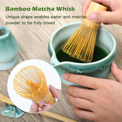 8 Pcs Matcha Whisk Set, Ceramic Matcha Japanese Tea Set Includes 16oz Bowl, Whisk and Holder, Bamboo Scoop and Spoon, Scoop Rest, Sifter and Towel, Green Glaze Making Kit for Tea Lovers