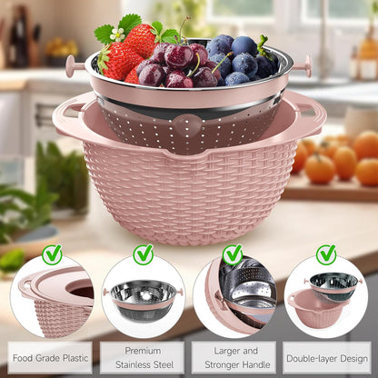 4-1 Colander with Bowl Set - Pasta Strainer - Colander for Kitchen - Strainers and Colanders Rice Strainer Fruit Cleaner Veggie Wash Sink Strainer Kitchen Essentials - Black