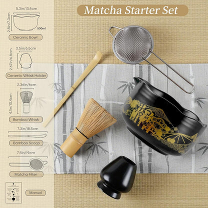 Matcha Whisk Set, 5 Pcs Traditional Japanese Matcha Whisk Preparation Kit, White Glossy Ceramic Bowl with Black Cat and Strawberry Pattern