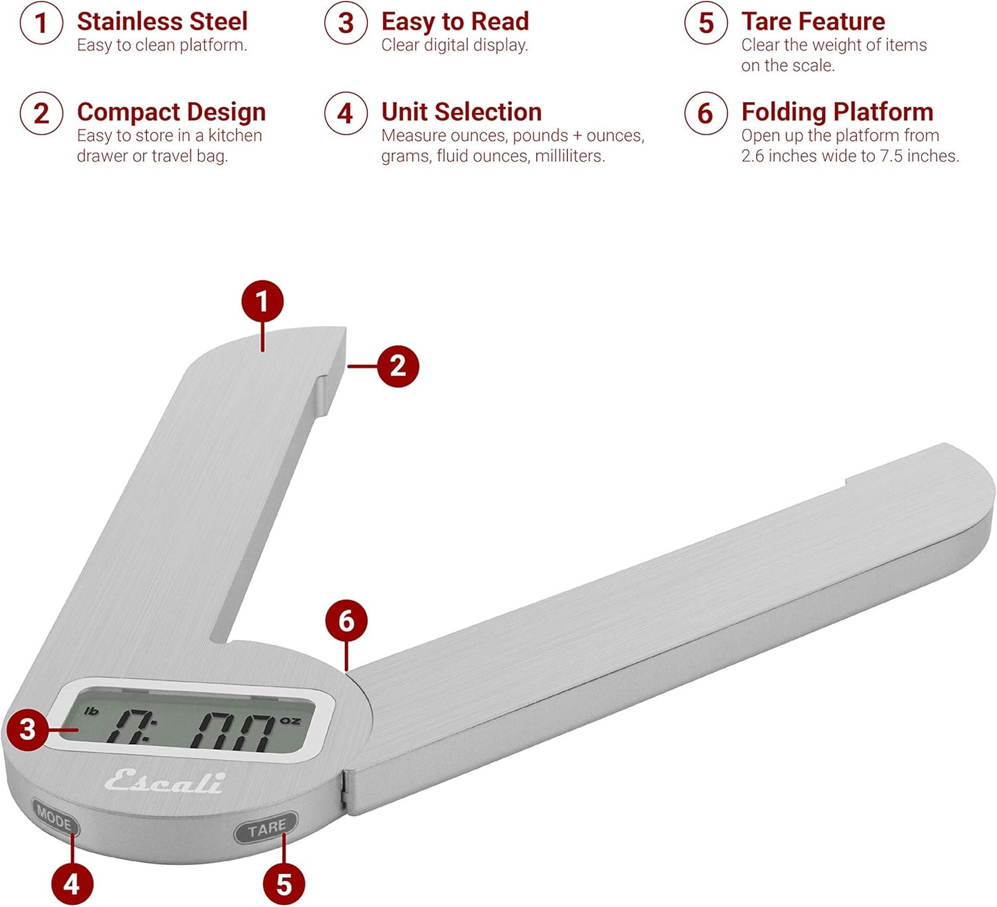 Escali F115 Compact Kitchen Scale, 11 lb/5 kg, Stainless Steel